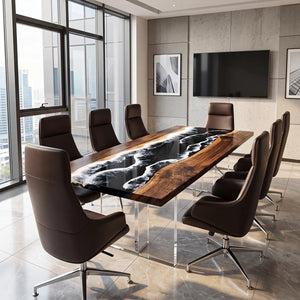Custom Walnut Ocean Wave Epoxy Resin Conference Table | ECT-394