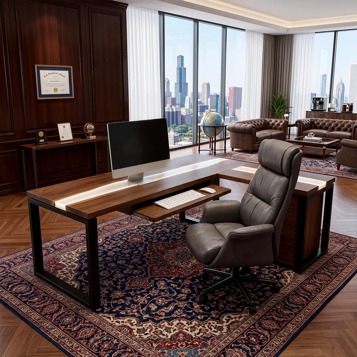 Walnut White Epoxy L-Shaped Executive Office Desk with Storage | ECT-369