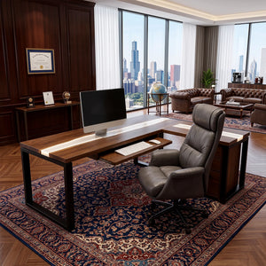 Walnut White Epoxy L-Shaped Executive Office Desk with Storage | ECT-369