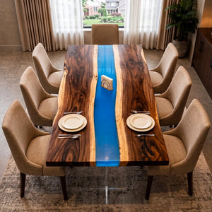 Walnut Live Edge Blue Epoxy Resin Dining Table | ECT-387