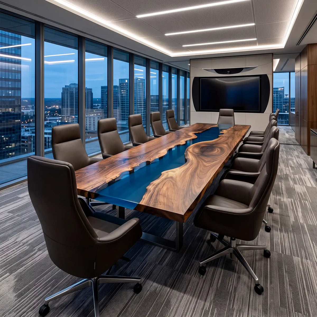 Custom Black Walnut Blue Epoxy Resin Conference Table | ECT-404