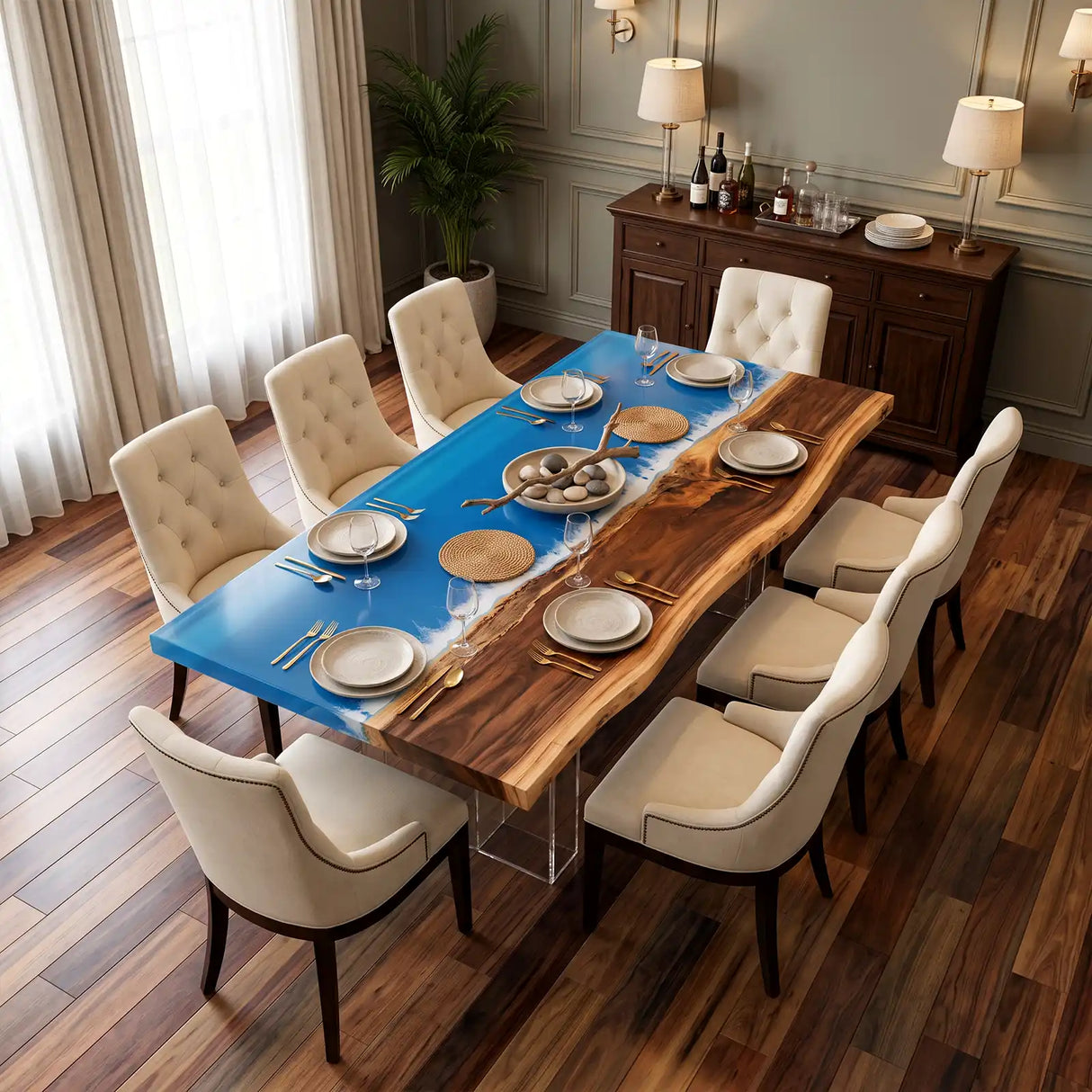Walnut Live Edge Ocean Wave Epoxy Resin Dining Table | ECT-388
