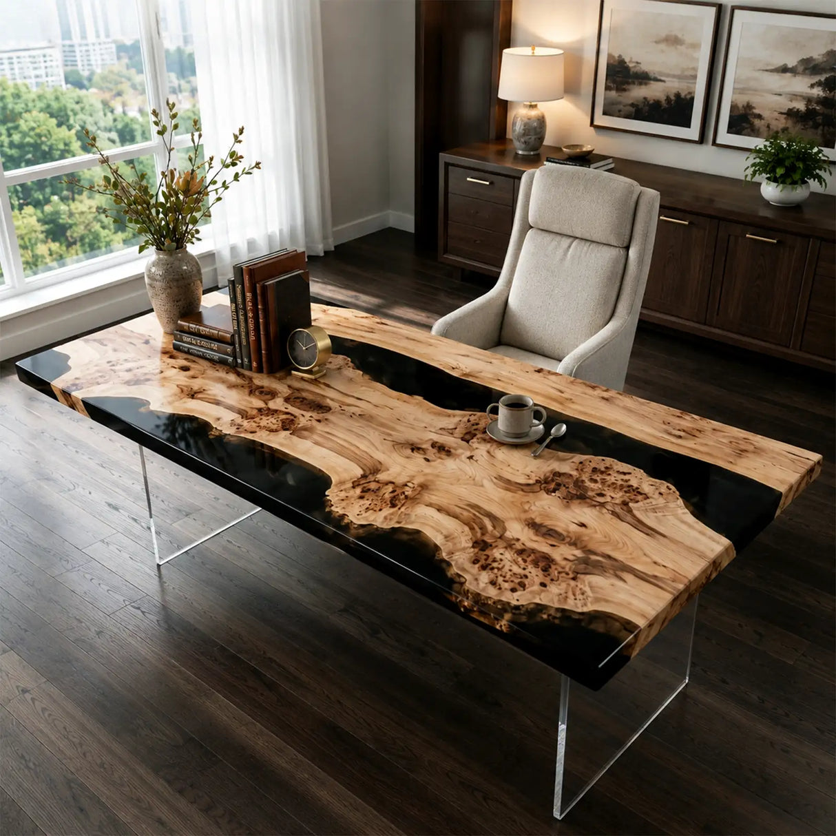 Custom Poplar Office Desk with Black Epoxy Resin Straight Edge | ECT-366
