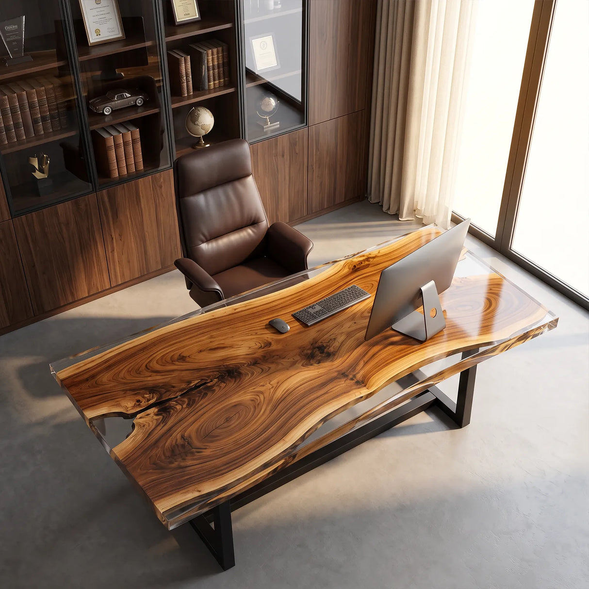 Custom Walnut Executive Office Desk with Crystal Clear Epoxy Resin | ECT-363
