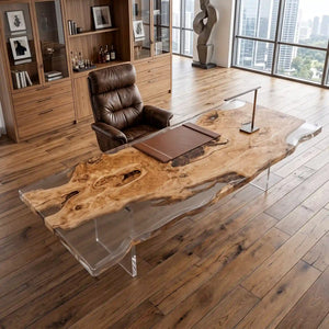 Custom Live Edge Poplar Office Desk with Crystal Clear Epoxy Resin | ECT-365