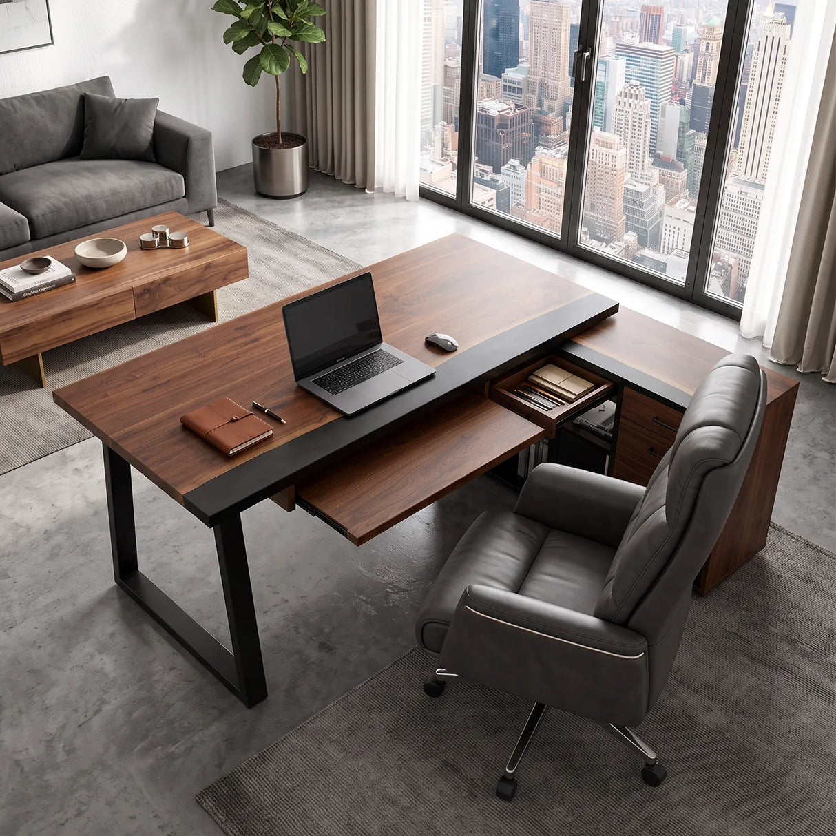 Black Walnut Black Epoxy L-Shaped Executive Office Desk with Storage | ECT-371