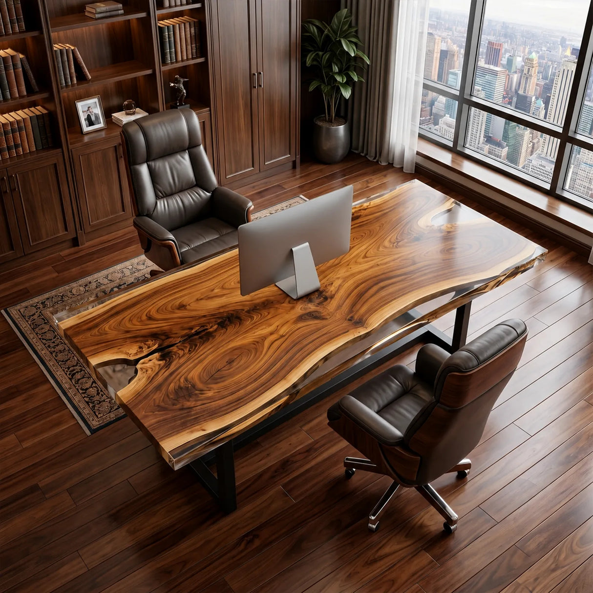 Custom Walnut Executive Office Desk with Crystal Clear Epoxy Resin | ECT-363
