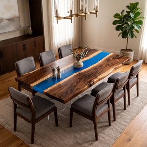Walnut Live Edge Blue Epoxy Resin Dining Table | ECT-387