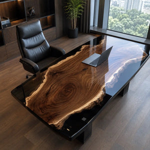 Custom Black Walnut Office Desk with Transparent Black Epoxy Resin | ECT-361