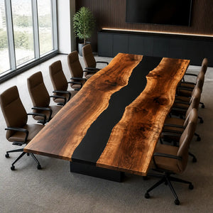 Custom Live Edge Walnut Black Epoxy Resin Conference Table | ECT-402