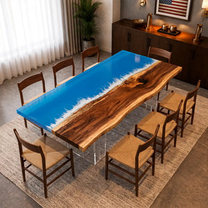 Walnut Live Edge Ocean Wave Epoxy Resin Dining Table | ECT-388