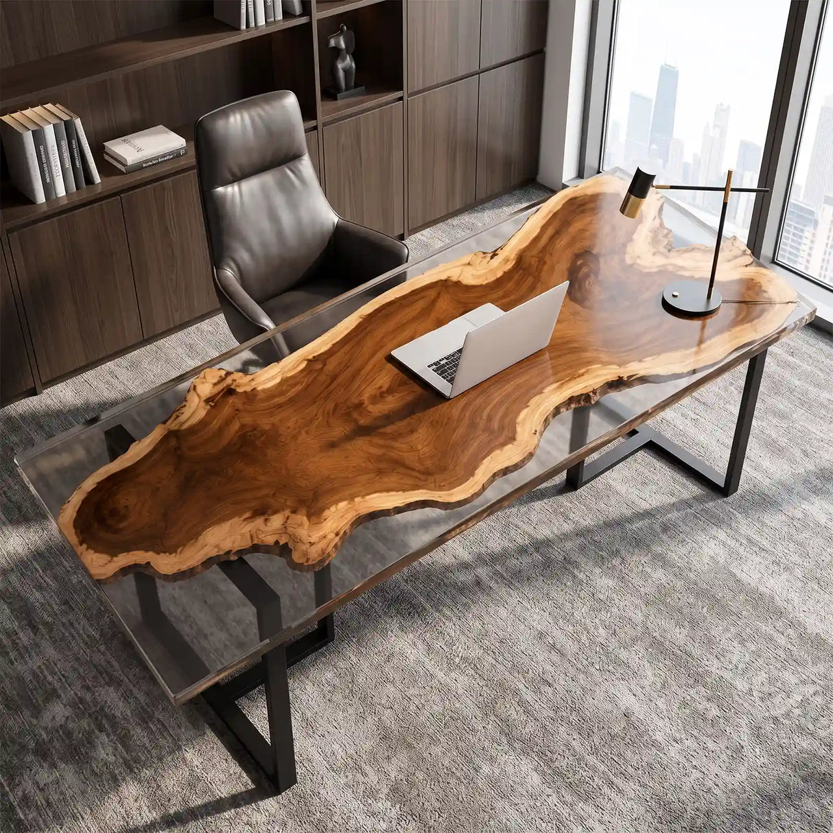 Custom Walnut Office Desk with Crystal Clear Epoxy Resin Straight Edge | ECT-362