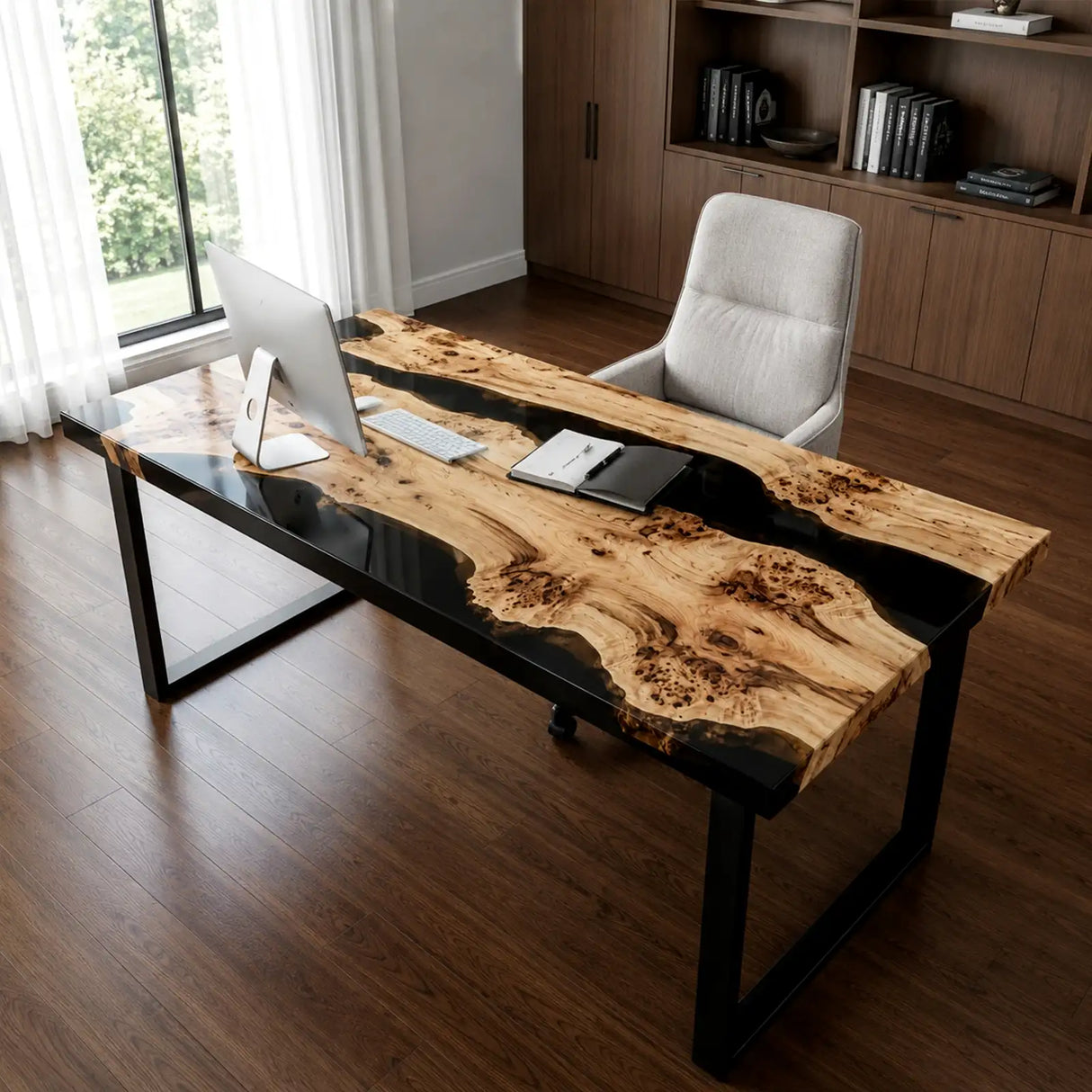Custom Poplar Office Desk with Black Epoxy Resin Straight Edge | ECT-366