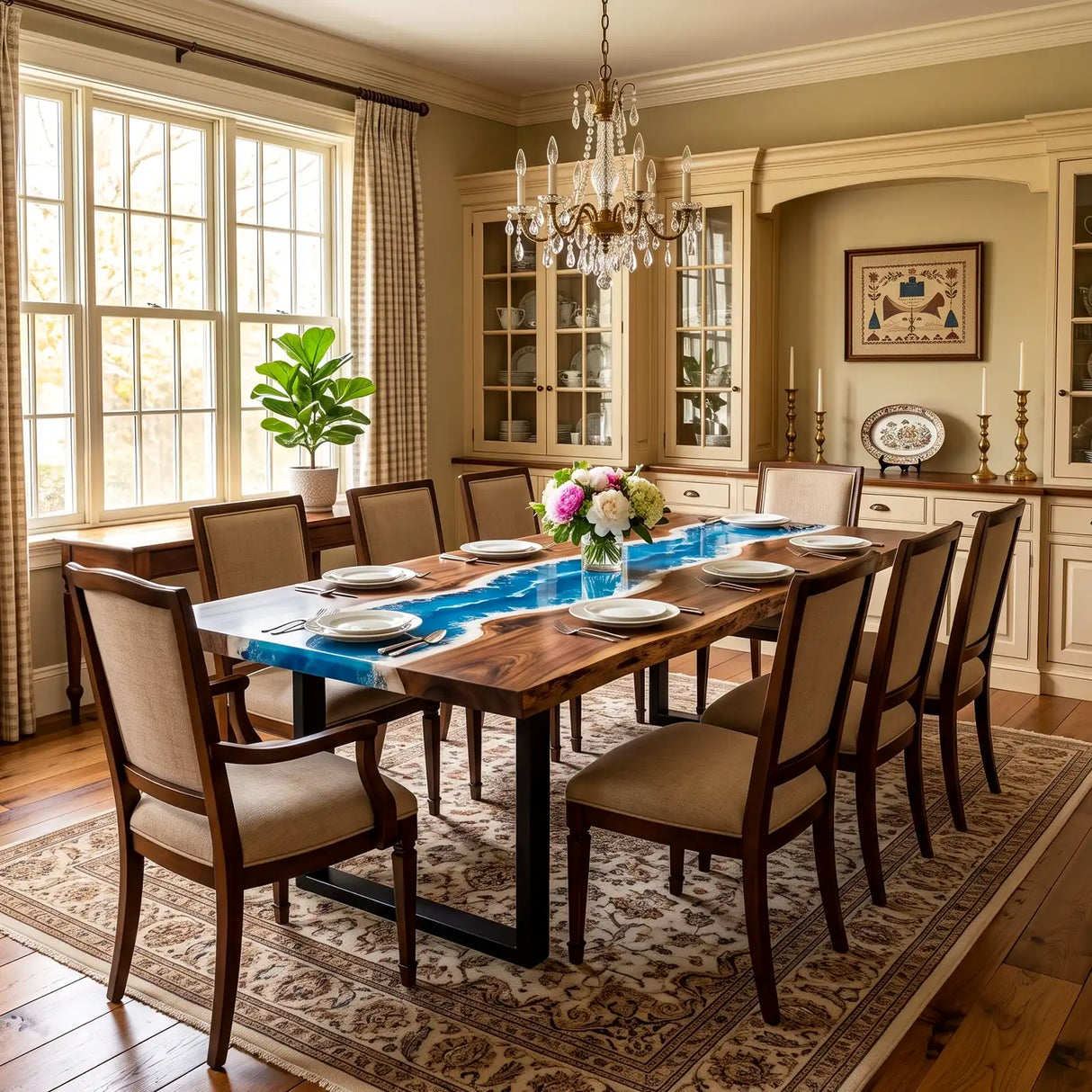 Walnut Ocean Wave Epoxy Resin Dining Table | ECT-374