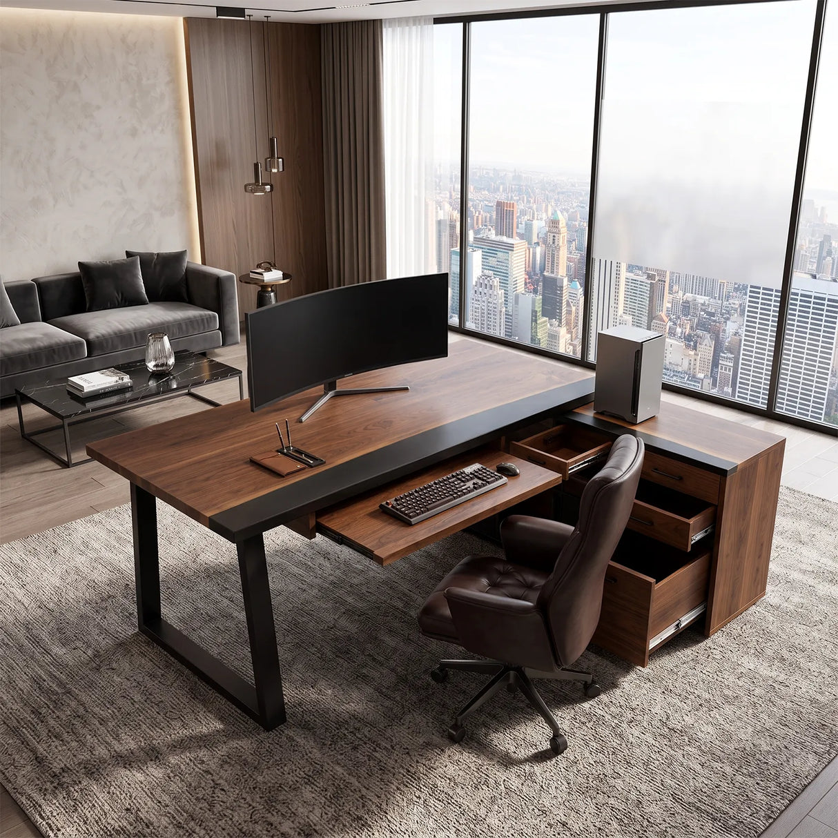 Black Walnut Black Epoxy L-Shaped Executive Office Desk with Storage | ECT-371