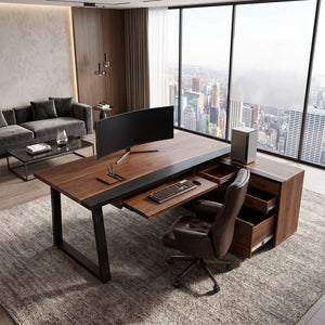 Black Walnut Black Epoxy L-Shaped Executive Office Desk with Storage | ECT-371