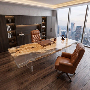 Custom Live Edge Poplar Office Desk with Crystal Clear Epoxy Resin | ECT-365