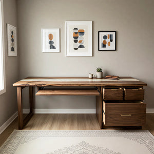 Walnut White Pearl Epoxy Executive Office Desk with Storage | ECT-370