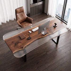 Custom Black Walnut Office Desk with Crystal Clear Epoxy Resin | ECT-367