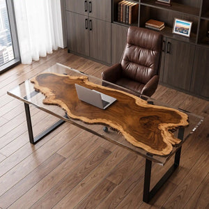 Custom Walnut Office Desk with Crystal Clear Epoxy Resin Straight Edge | ECT-362