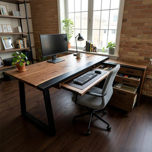 Black Walnut Black Epoxy L-Shaped Executive Office Desk with Storage | ECT-371