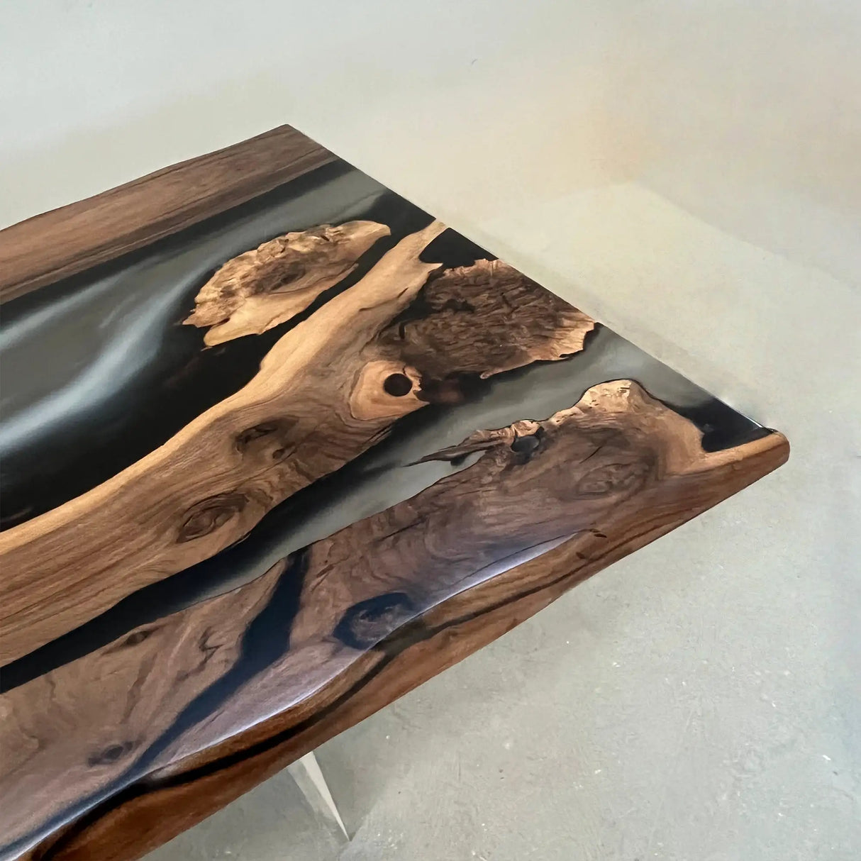 Custom Black Walnut Executive Office Desk with Translucent Black Epoxy Resin and Bevel Edge | ECT-360