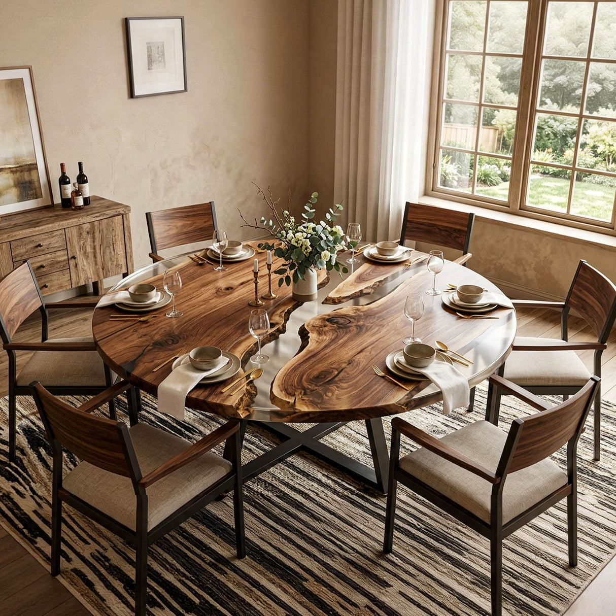 Clear Epoxy Table Walnut Crystal Clear Oval Straight Edge Dining Table ECT - 321 - Elitecustomtable
