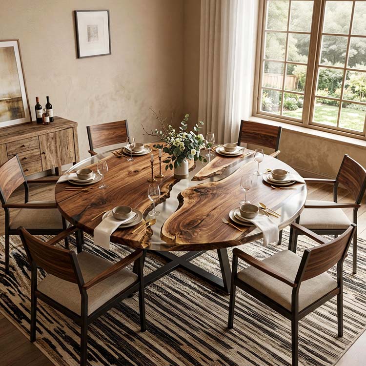 Clear Epoxy Table Walnut Crystal Clear Oval Straight Edge Dining Table ECT-321