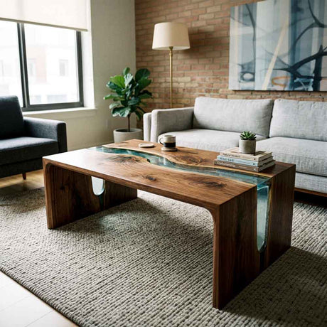 Walnut wood waterfall coffee table with a flowing clear epoxy resin center, organic live edge contours, and a seamless curved design