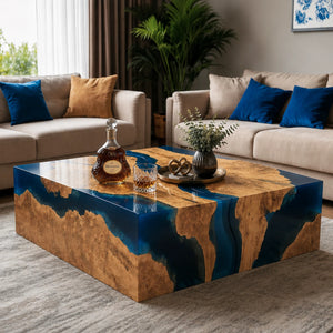 Olive Wood Blue Epoxy Resin Coffee Table Set | ECT-386