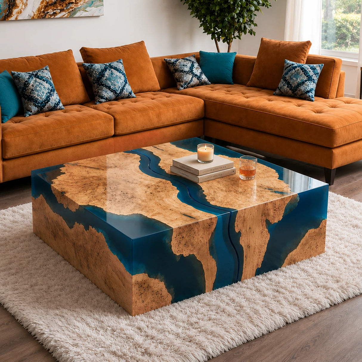 Olive Wood Blue Epoxy Resin Coffee Table Set | ECT-386