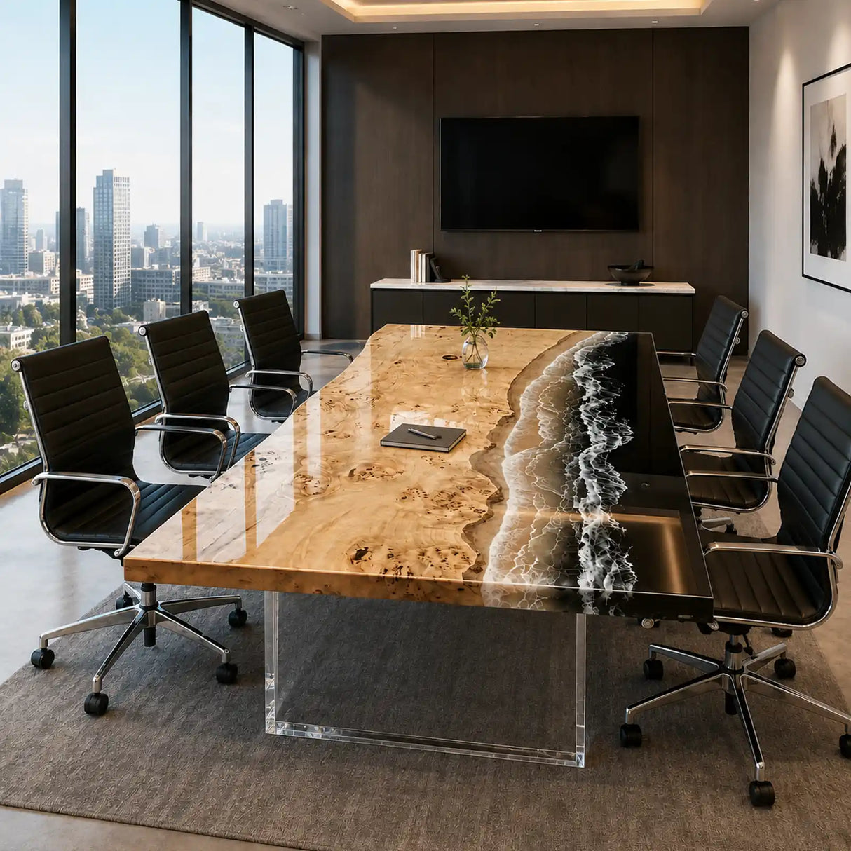 Custom Poplar Ocean Wave Epoxy Resin Conference Table | ECT-393