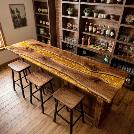 Custom Amber Gold Epoxy Resin Kitchen Island Countertop – 100% Solid Walnut | ECT-338 - Elitecustomtable
