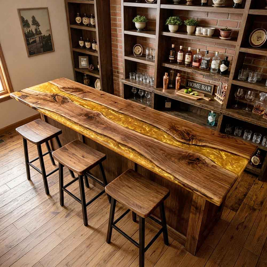 Custom Amber Gold Epoxy Resin Kitchen Island Countertop – 100% Solid Walnut | ECT-338