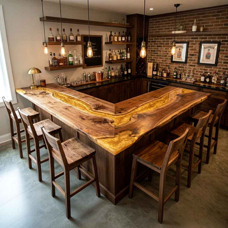 Custom Amber Gold Epoxy Resin Kitchen Island Countertop – 100% Solid Walnut | ECT-340 - Elitecustomtable