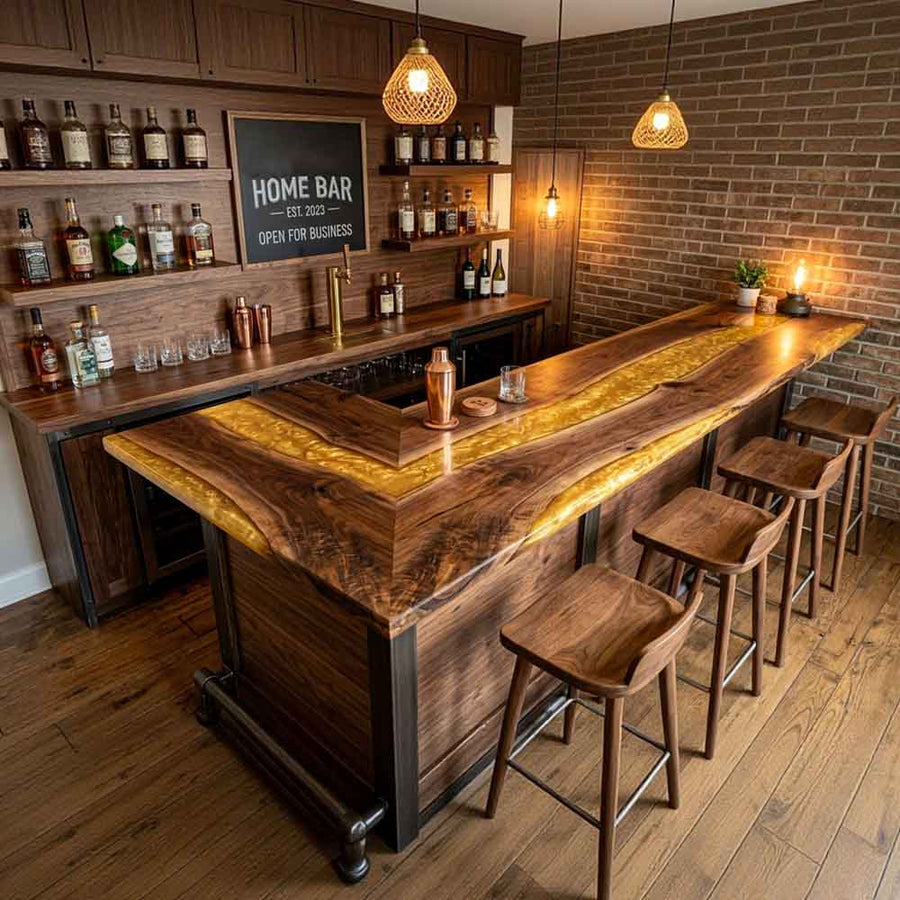 Custom Amber Gold Epoxy Resin Kitchen Island Countertop – 100% Solid Walnut | ECT-340