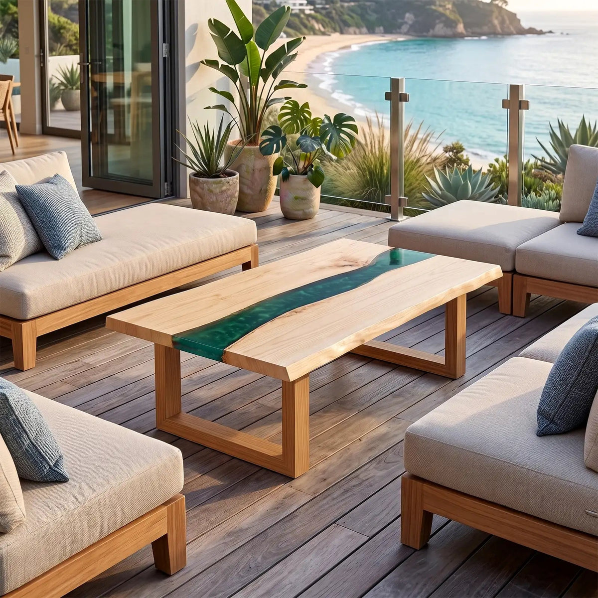 Custom Ash Green Epoxy Resin Patio Coffee Table | ECT-422 - Elitecustomtable