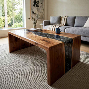 Custom Black Epoxy Resin Coffee Table – 100% Solid Walnut Wood | ECT-356 - Elitecustomtable