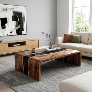 Custom Black Epoxy Resin Coffee Table – Solid Walnut Wood Waterfall Design | ECT-357 - Elitecustomtable