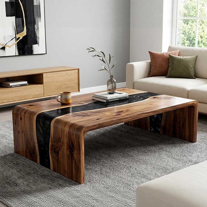 Custom Black Epoxy Resin Coffee Table – Solid Walnut Wood Waterfall Design | ECT-357