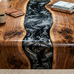 Custom Black Epoxy Resin Coffee Table – Solid Walnut Wood Waterfall Design | ECT-357 - Elitecustomtable