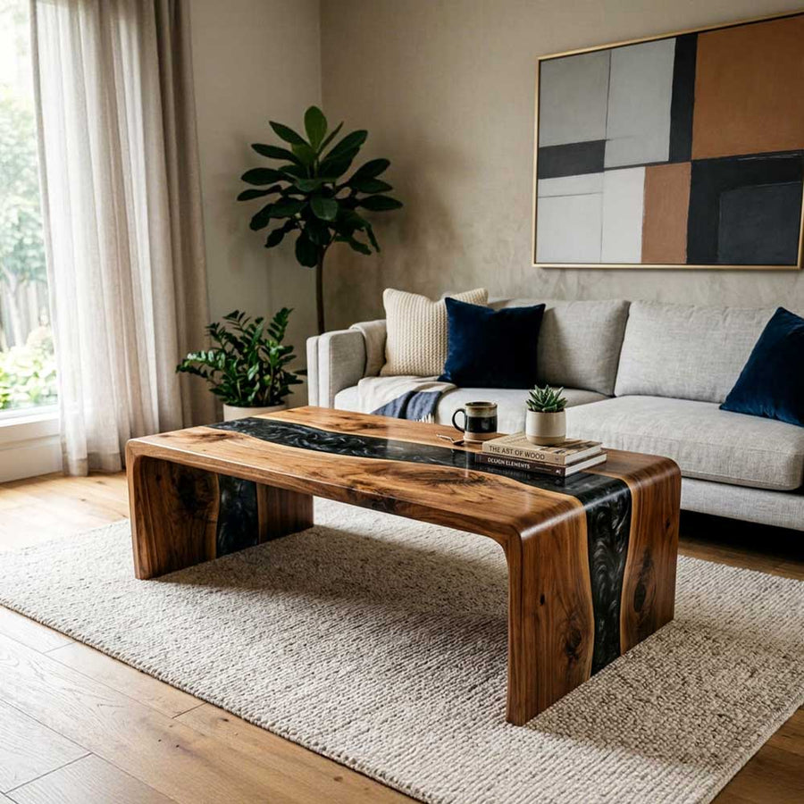 Custom Black Epoxy Resin Coffee Table – Solid Walnut Wood Waterfall Design | ECT-357