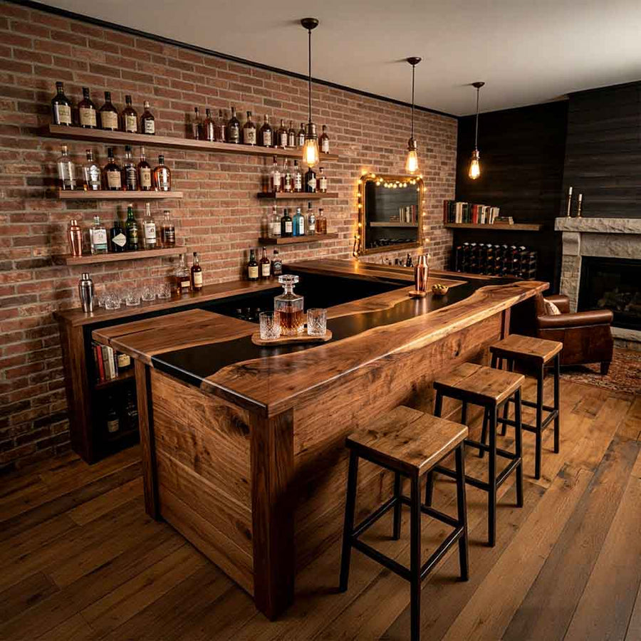 Custom Black Epoxy Resin Kitchen Island Countertop – 100% Solid Walnut | ECT-341