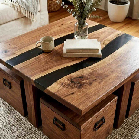 Custom wood epoxy coffee table showcasing contrasting black resin stripes, warm brown wood tones, and a unique space-saving design