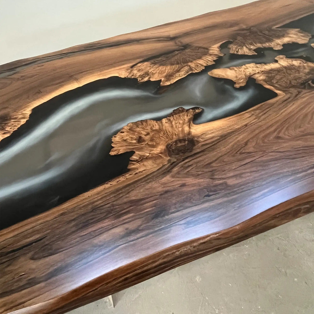 Custom Black Walnut Executive Office Desk with Translucent Black Epoxy Resin and Bevel Edge | ECT-360 - Elitecustomtable
