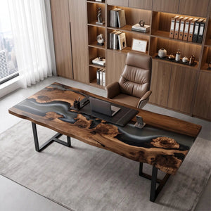 Custom Black Walnut Executive Office Desk with Translucent Black Epoxy Resin and Bevel Edge | ECT-360 - Elitecustomtable