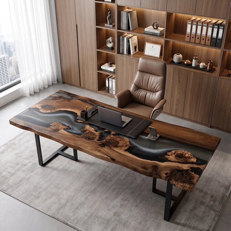 Custom Black Walnut Executive Office Desk with Translucent Black Epoxy Resin and Bevel Edge | ECT-360 - Elitecustomtable