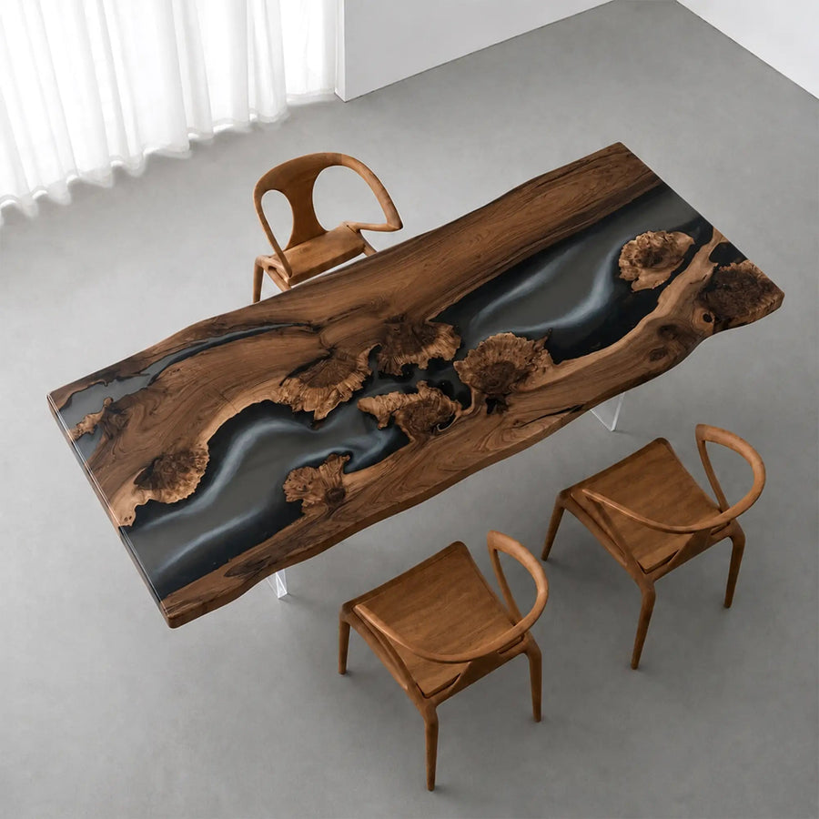 Custom Black Walnut Executive Office Desk with Translucent Black Epoxy Resin and Bevel Edge | ECT-360