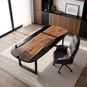 Custom Black Walnut Office Desk with Black Epoxy Resin Straight Edge | ECT-364 - Elitecustomtable