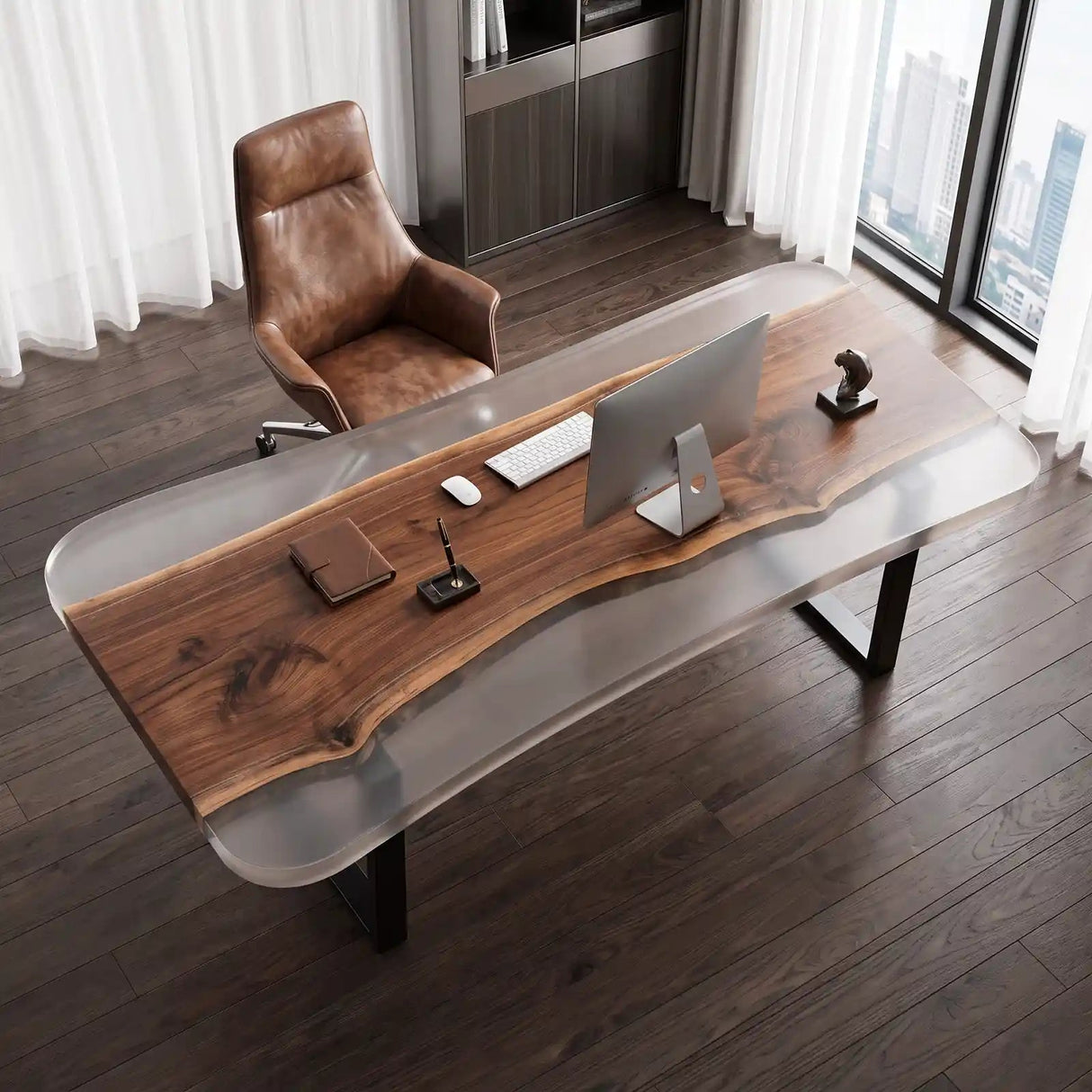 Custom Black Walnut Office Desk with Crystal Clear Epoxy Resin | ECT-367 - Elitecustomtable